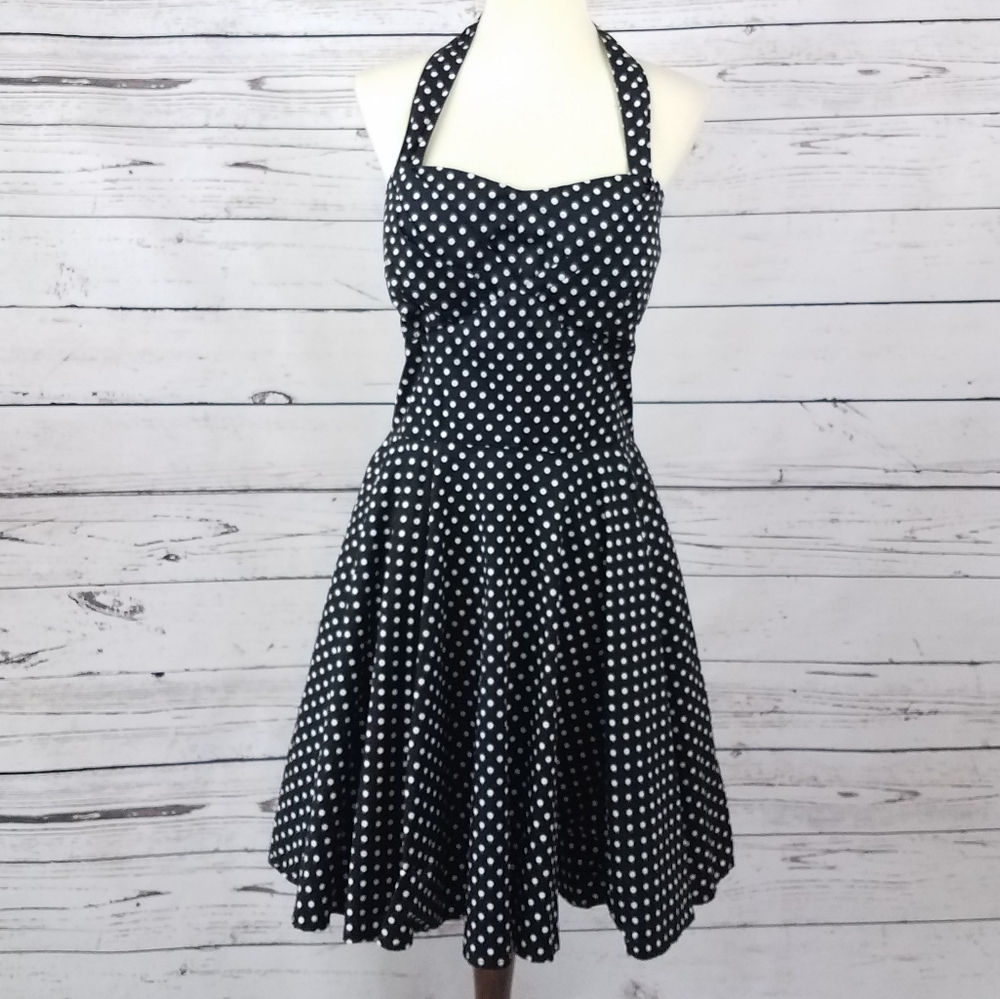 Dress Women's Large Black White 50's Style Polka Dot Halter Party Feminine